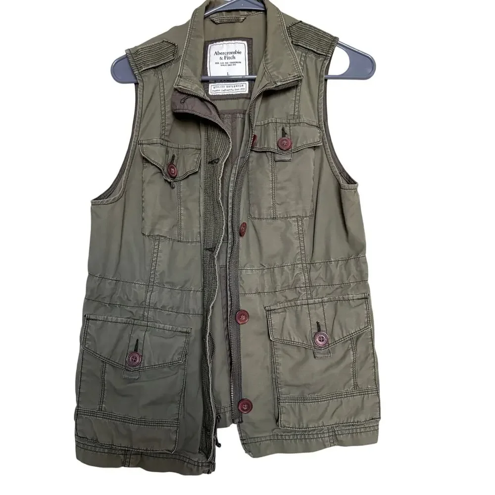 Abercrombie Fitch utility vest olive green cargo military style womens L - Picture 2 of 7
